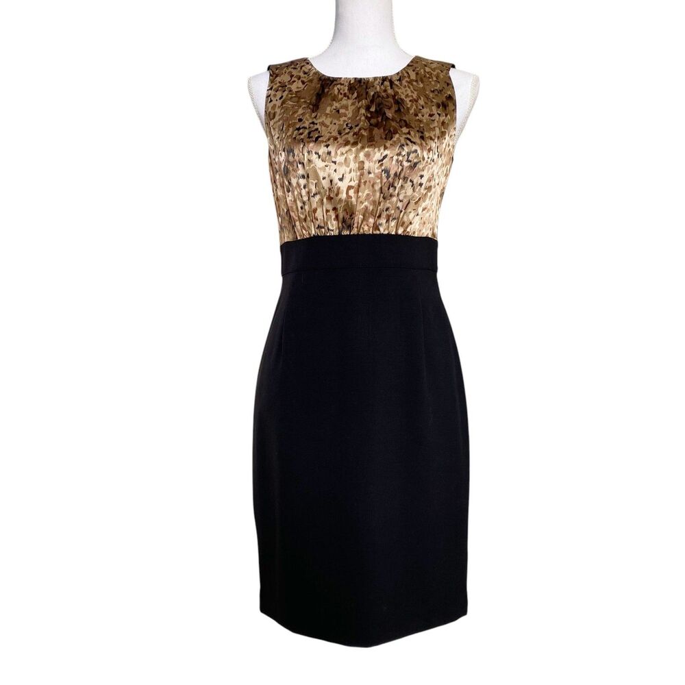 Tahari Dress Womens 4 Black Gold Color Block Cocktail Sheath Sleeveless Lined
